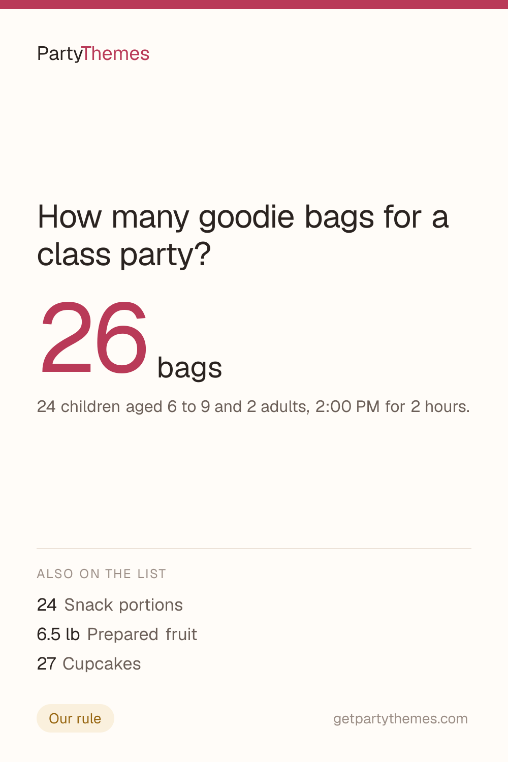26 bags for 24 children aged 6 to 9 and 2 adults, 2:00 PM for 2 hours
