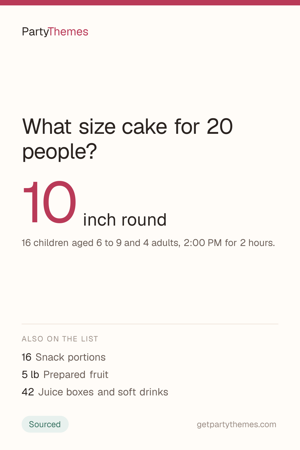 10 inch round for 16 children aged 6 to 9 and 4 adults, 2:00 PM for 2 hours
