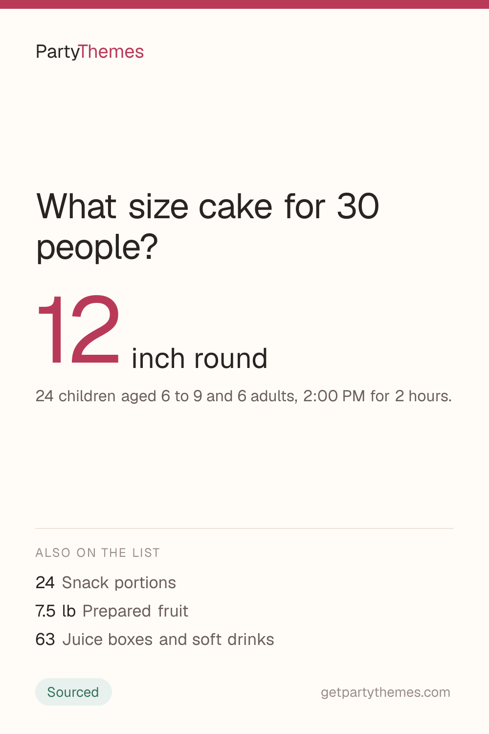 12 inch round for 24 children aged 6 to 9 and 6 adults, 2:00 PM for 2 hours
